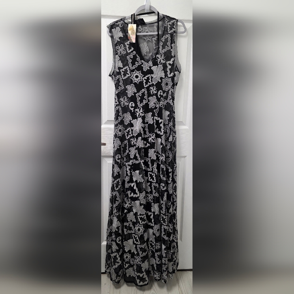 NWT Johnny Was MAZZY BIAS Embroidered Slip CHLOE Mesh Dress New $528 Black White